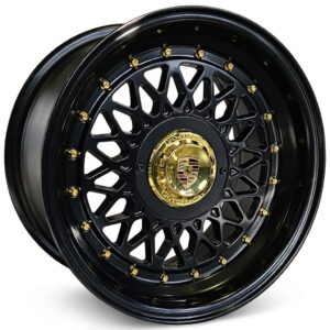 15" Porsche mesh satin black with gold rivets and center nut. 4X100/114 8J et20 front and rear. Sold as a set of 4
